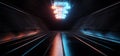 Neon Tunnel Corridor Laser Glowing Blue Orange Spaceship Arrow Pointing Ahead Gateway Path Tunnel Corridor Metallic Concrete