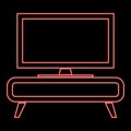 Neon tV set on the cupboard commode bedside table Home interior concept red color vector illustration image flat style