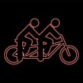 Neon two people on tandem bicycle ride together bike team concept riding travel red color vector illustration image flat style