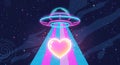 A neon UFO abducting a glowing heart. Royalty Free Stock Photo