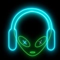 Neon UFO face, alien emoji listening music with headphones glowing light. Creature, monster, futuristic character with le