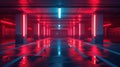 Neon underground parking background, perspective view of empty modern garage. Futuristic design of industrial hall with led red Royalty Free Stock Photo