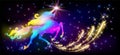 Neon unicorn with luxurious winding mane, glowing star on horn and shiny fireworks against background of fantasy universe with