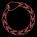 Neon uroboros Zhulong snake eating own tail coiled in ring Ouroboros serpent red color vector illustration image flat style