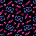 Neon Valentine's Day seamless pattern with icons of love letters, 'love' words and hearts on black background. Love