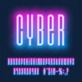 Neon vector font. Glowing blue and pink capital letters and numbers on dark blue background. Glowing font in cyber style Royalty Free Stock Photo