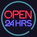 Neon vector open 24 hours entrance sign.