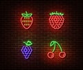 Neon vegetables berrys signs vector isolated on brick wall. Strawberry, raspberry, cherry, grape lig