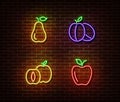 Neon vegetables fruits signs vector isolated on brick wall. Pear, ripe plums, apple, apricot light s
