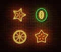 Neon vegetables fruits signs vector isolated on brick wall. Star, kiwi, lemon light symbol, decorati