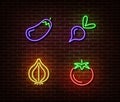 Neon vegetables signs vector isolated on brick wall. Eggplant, beetroot, onion, tomato light symbol,