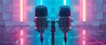 Neon Vibes: Dual Mics in a Sleek Podcast Studio. Concept Podcast Studio, Neon Lighting, Dual