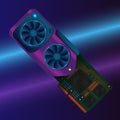 An isometric flat vector of a detailed video graphics card. A neon video card on a dark background. Vector illustration