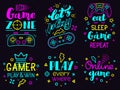 Neon video game phrases. Online game console lettering, modern gamer joystick concept, video games lettering isolated