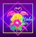 Neon violet background with colorful t-shirt tropical floral Hawaiian print and pair of cute pink flamingo