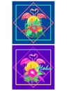 Neon violet and blue t-shirt backgrounds variation with aloha lettering, colorful tropical floral Hawaiian print and pair of cute