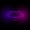 Neon violet glowing female lips. 3d fluorescent virtual girl mouth on a black background