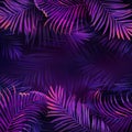 Neon violet tropical party design, Palm jungle leaves nightclub flyer, Summer vibrant night exotic vector illustration