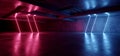 Neon Warehouse Sci Fi Futuristic Grunge Purple Blue Glowing Laser Electric Concrete Stage Showroom Corridor Club Dark Tunnel