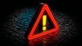 Neon warning sign with exclamation mark inside a triangle on dark textured surface Royalty Free Stock Photo