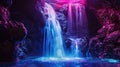 Neon Waterfall: Surreal Cascading Transformation of Black Rock Cliff into Glowing Particle with Product Display Platform