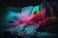 Neon waterfall. Water illuminated by multicolored light. Generative AI