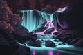 Neon waterfall. Water illuminated by multicolored light. Generative AI