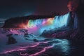 Neon waterfall. Water illuminated by multicolored light. Generative AI