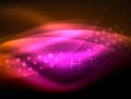 Neon wave background with light effects, curvy lines with glittering and shiny dots, glowing colors in darkness, magic Royalty Free Stock Photo