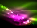 Neon wave background with light effects, curvy lines with glittering and shiny dots, glowing colors in darkness, magic Royalty Free Stock Photo