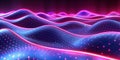 Neon waves flowing with particles and luminescence on a futuristic tech background.