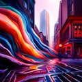 Neon waves stream through the modern evening city. Bytes of information rush through the city leaving their mark