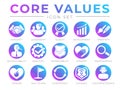 Neon Web Company Core Values Round Web Icon Set. Integrity, Leadership, Quality and Development, Creativity, Accountability, Royalty Free Stock Photo