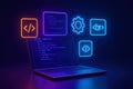 Neon Web Development: Laptop Screen Displays Code, Glowing Icons Symbolize Programming, Software, and Digital Innovation Royalty Free Stock Photo