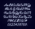 Neon white script alphabet. Glowing cursive font with letters, numbers and special characters.