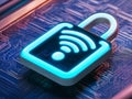 Neon wifi symbol padlock lying on circuit board Royalty Free Stock Photo