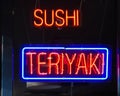 Neon window sign for Sushi and Teriyaki