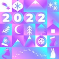 Neon winter Geometric Seamless Pattern. 2022 new year Square Holographic night Forest template