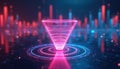 Neon wireframe funnel diagram glows on digital platform with abstract bar chart background. Data visualization for business sales Royalty Free Stock Photo