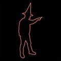 Neon wizard holds magic wand trick Waving Sorcery concept Magician Sorcerer Fantasy person Warlock man in robe with magical stick