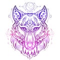 Neon wolf head front view with ethnic decorations and spiritual symbols of the moon and arrows. Predator front view portrait