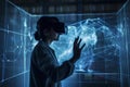 neon woman headset glasses technology future line business digital virtual concept. Generative AI. Royalty Free Stock Photo