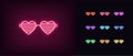 Neon women glasses icon. Glowing neon sunglasses with heart shapes, vivid eyewear