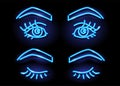 Neon women open and closed eyes with long eyelashes and eyebrow. Beauty salon, fashion, cosmetics, eyelash extension, makeup