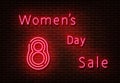 Neon Womens day slae sign vector. Shoping light isolated on brick wall. Neon light template for nigh