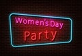 Neon Womens Party sign vector. Womens day light isolated on brick wall. Neon light template for nigh Royalty Free Stock Photo