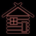 Neon wooden house Barn with wood Modular log cabins Wood cabin modular homes red color vector illustration image flat style Royalty Free Stock Photo