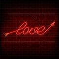 Neon word love. A bright red sign on a brick wall. Element of design for a happy Valentine s day. Vector illustration Royalty Free Stock Photo