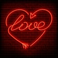 Neon word love. A bright red sign on a brick wall. Element of design for a happy Valentine s day. Vector illustration Royalty Free Stock Photo