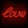 Neon word love. A bright red sign on a brick wall. Element of design for a happy Valentine s day. Vector illustration Royalty Free Stock Photo